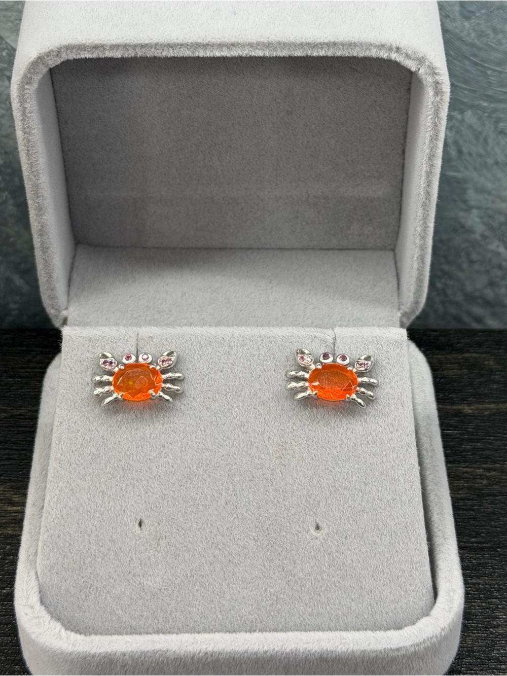 Stunning Natural Orange Fire Opal 8x6mm Crab 925 Sterling Silver Earrings - Picture 6 of 11